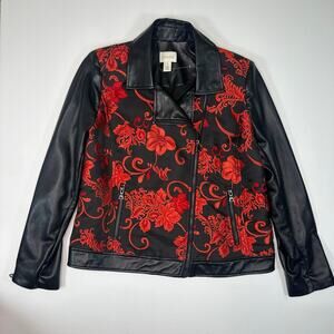 Chico’s Faux Black Leather and Tapestry Motorcycle Jacket